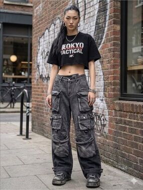 Micas Black Ombre Multi-Pocket Wide Leg Cargo Skater Y2K Cyber-Grunge Jeans L